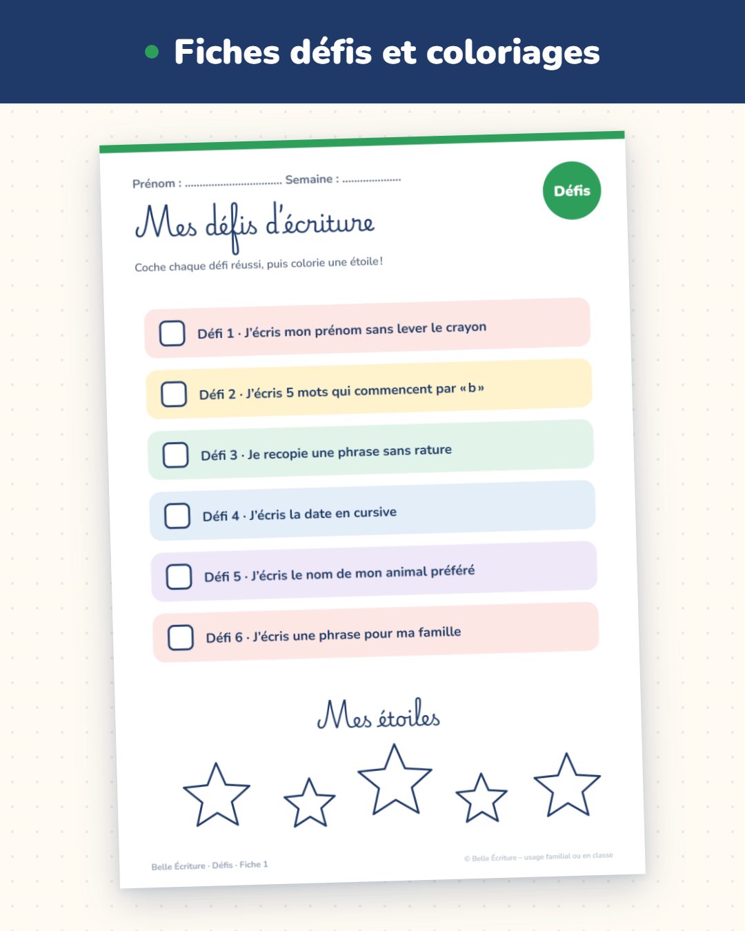 Fiches défis et coloriages de récompense